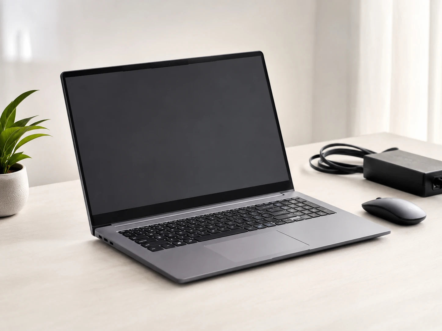 Rental laptop prepared and ready for use with charger and mouse