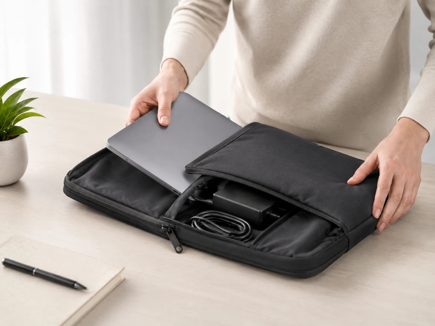 Laptop and supplied accessories being packed for rental return