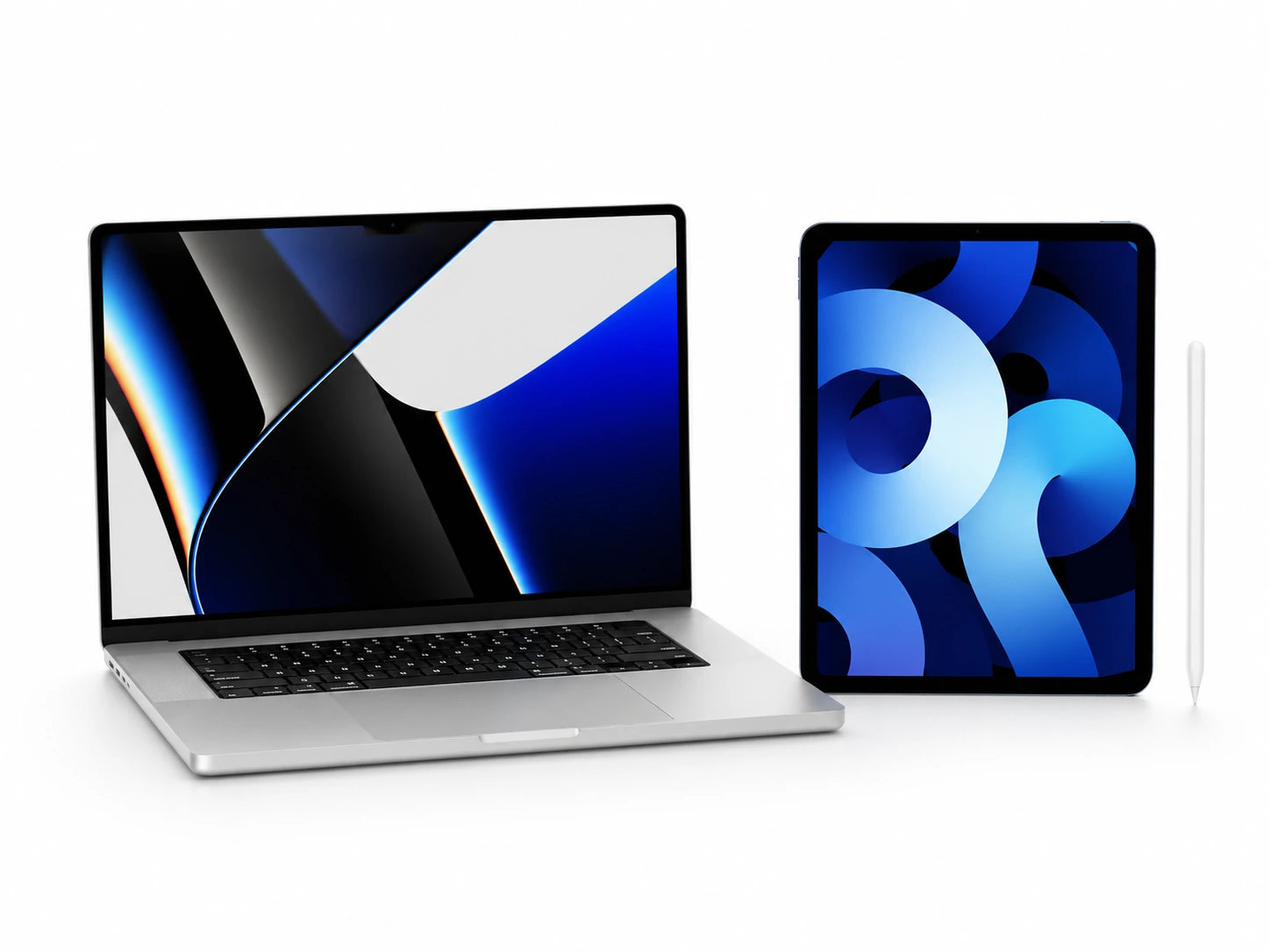 MacBook and iPad rental devices on a clean studio background