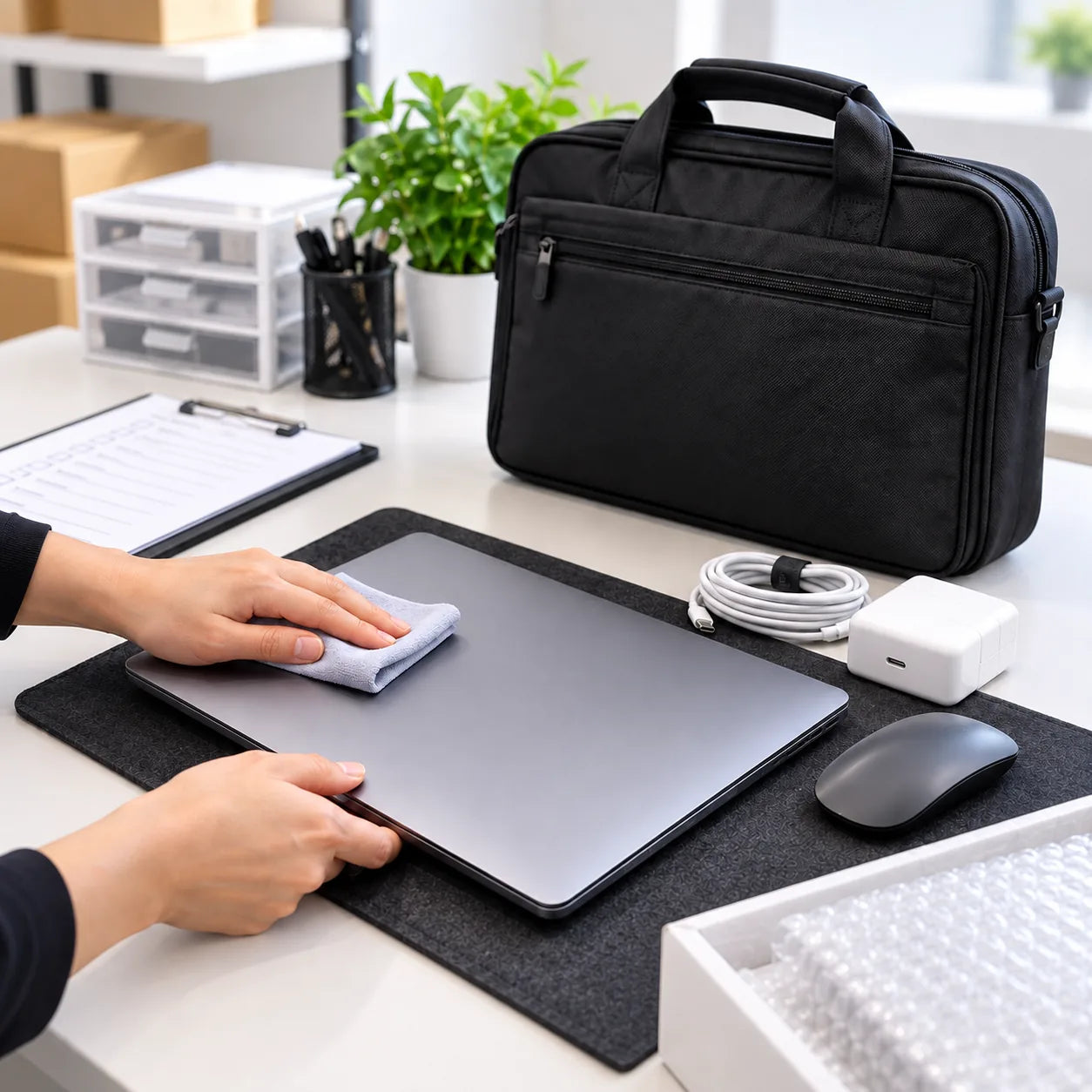 Rental laptop being inspected and prepared